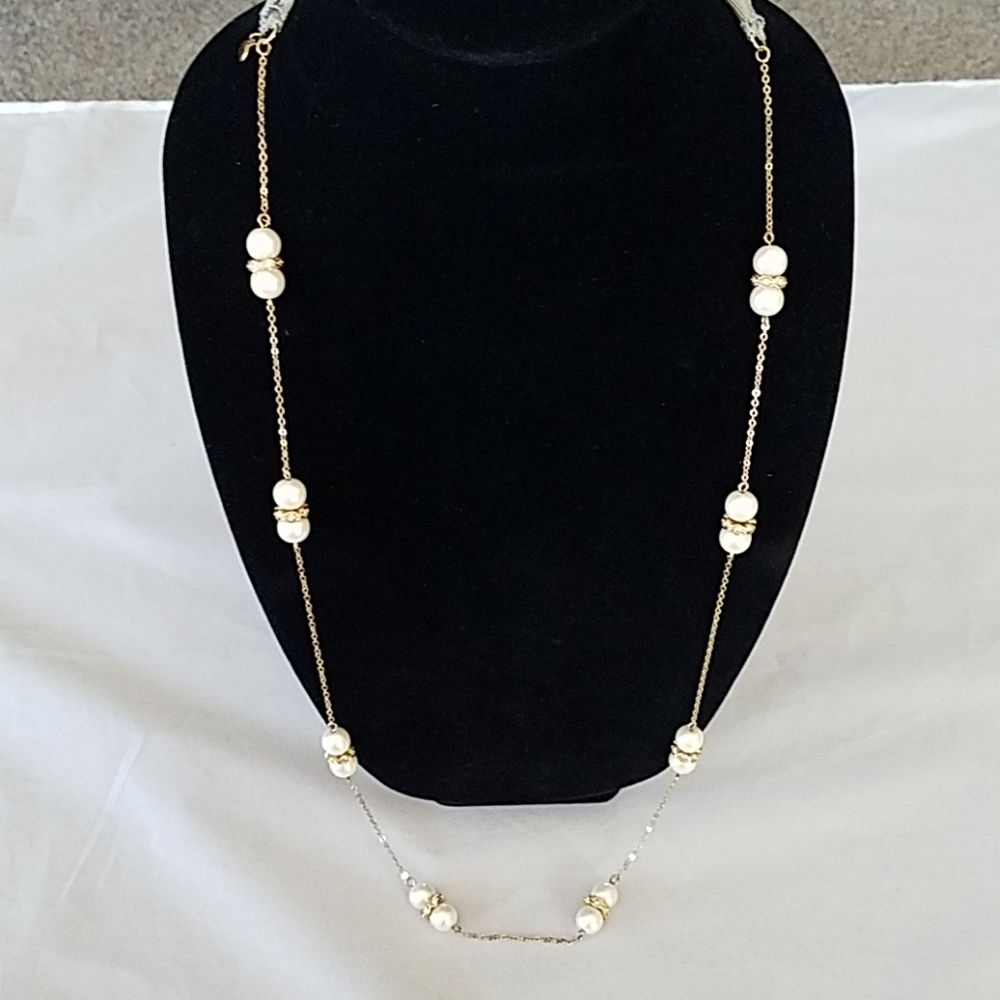 J. Crew Gold Station Necklace Faux Pearl Crystal